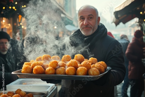 a sicilian street food vendor holding a tray of steaming hot arancini balls, with a bustling christmas market in the background