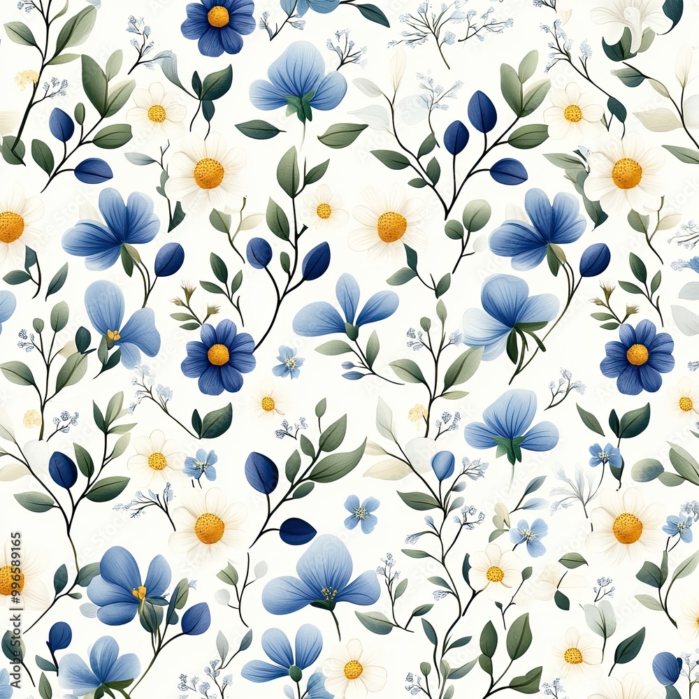 A vibrant floral pattern featuring blue flowers and green leaves, perfect for wallpaper, textiles, and fresh decor ideas. A vibrant floral pattern featuring blue flowers and green leaves, perfect for wallpaper, textiles, and fresh decor ideas.