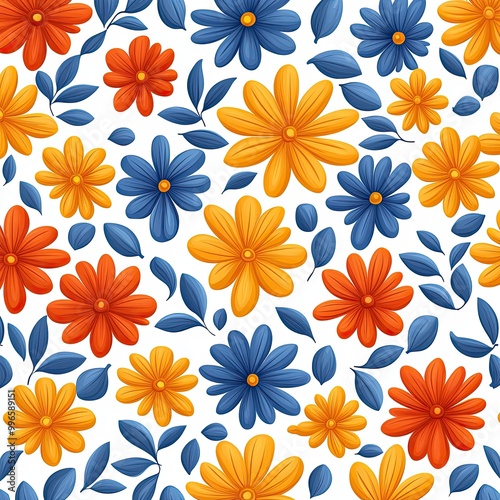 Wallpaper Mural A vibrant floral pattern featuring blue, orange, and yellow flowers with lush green leaves on a white background. Torontodigital.ca