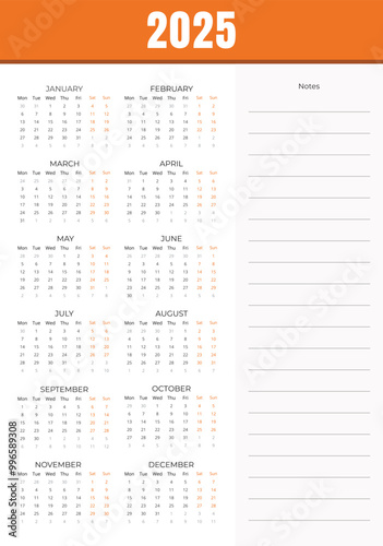 2025 Calendar week starts Monday with column for notes, Clean and professional 2025 Calendar design 