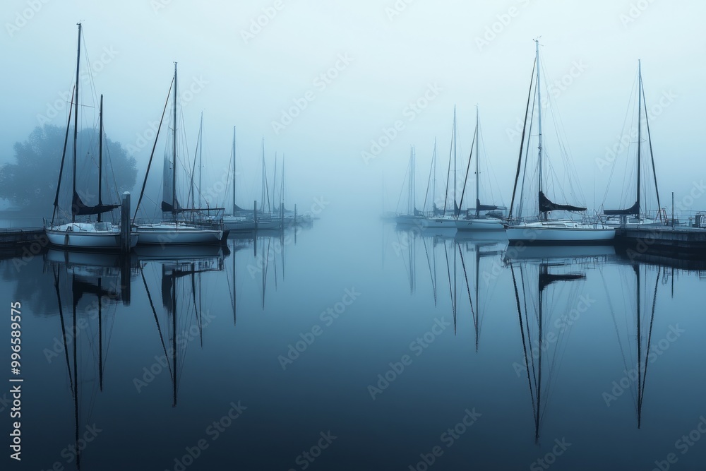 Fototapeta premium A serene view of sailboats in a foggy harbor. The calm water reflects the boats and mists nearby. Perfect for nature lovers and tranquil scenes. Generative AI