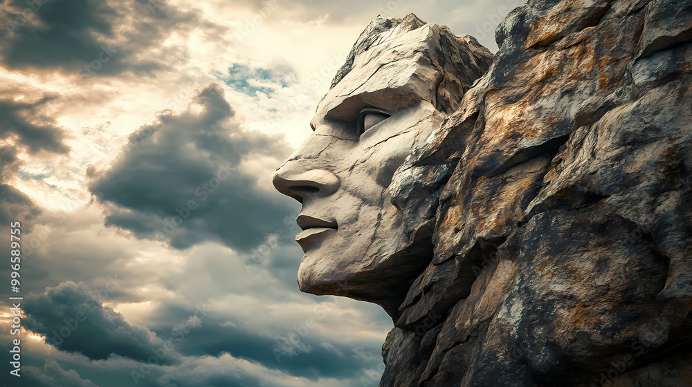 Sculpted stone face on cliff edge under cloudy sky. Rocky Cliff. Illustration Sculpted stone face on cliff edge under cloudy sky. Rocky Cliff. Illustration