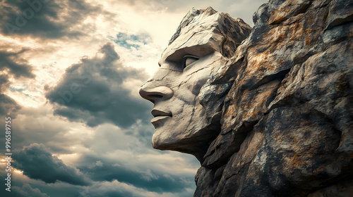 Sculpted stone face on cliff edge under cloudy sky. Rocky Cliff. Illustration photo