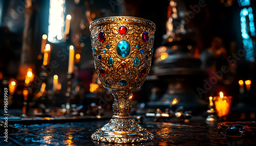 Ornate golden chalice with blue gems, centerpiece on a table of gold. photo