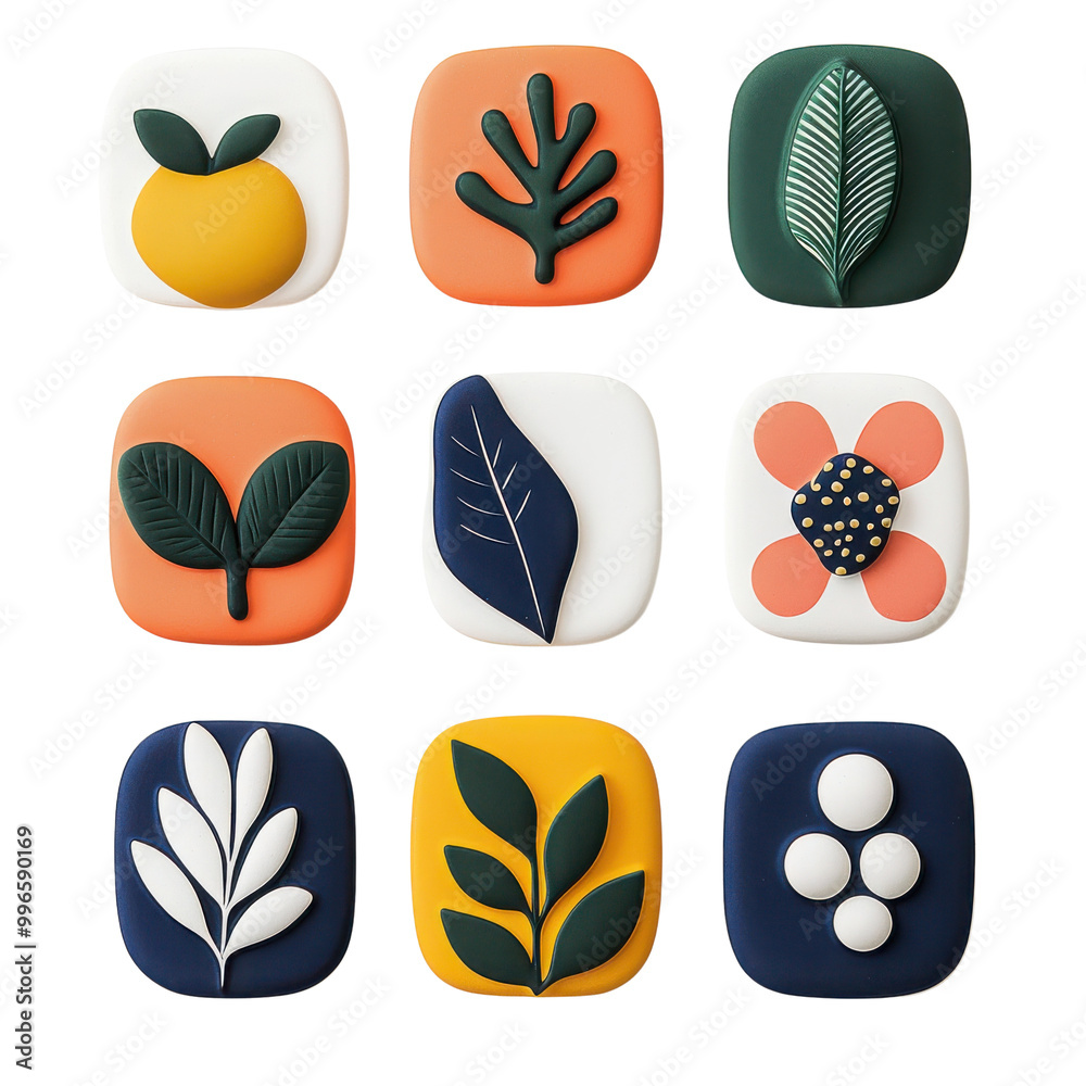 Colorful clay shapes featuring leaves and fruits, ideal for creative and artistic projects. A perfect addition to your design elements. Colorful clay shapes featuring leaves and fruits, ideal for creative and artistic projects. A perfect addition to your design elements.