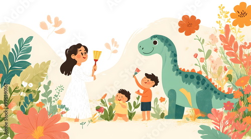 Cartoon-style, colorful vector illustration of an Asian woman wearing a white uniform and a pink backpack, playing with her two kids in the garden near dinosaurs