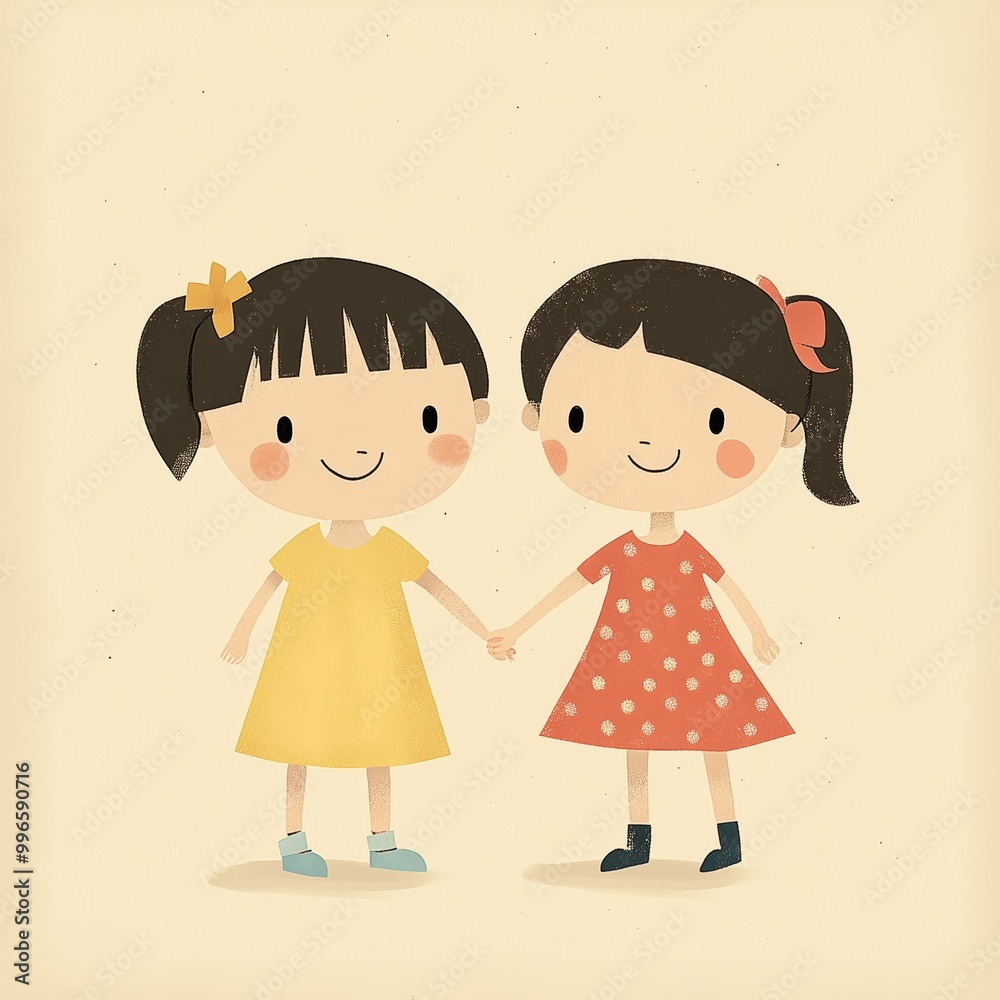 Two cheerful girls in colorful dresses holding hands on a warm sunny day Two cheerful girls in colorful dresses holding hands on a warm sunny day