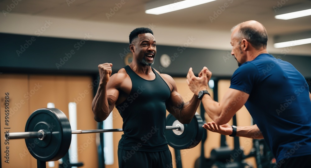 Energetic middleaged Black personal trainer in a gym instructing a client Energetic middleaged Black personal trainer in a gym instructing a client