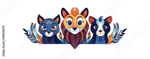 Colorful cartoon animals including a lion, cat, and dog with whimsical features and vibrant colors.