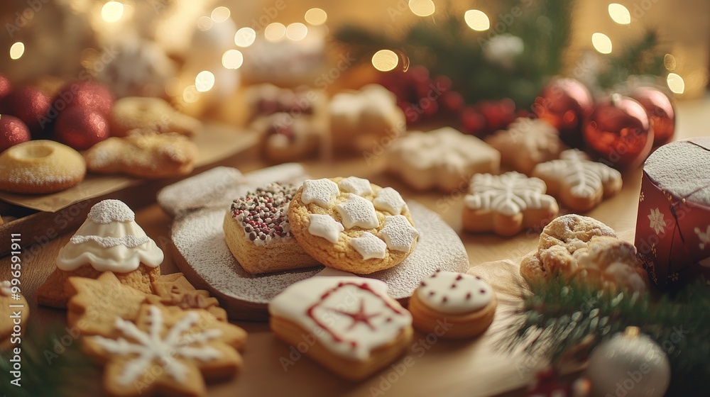 An empty scene featuring (a delightful assortment of holiday cookies and pastries on a table), creating an ideal product mockup space, An empty scene featuring (a delightful assortment of holiday cookies and pastries on a table), creating an ideal product mockup space,