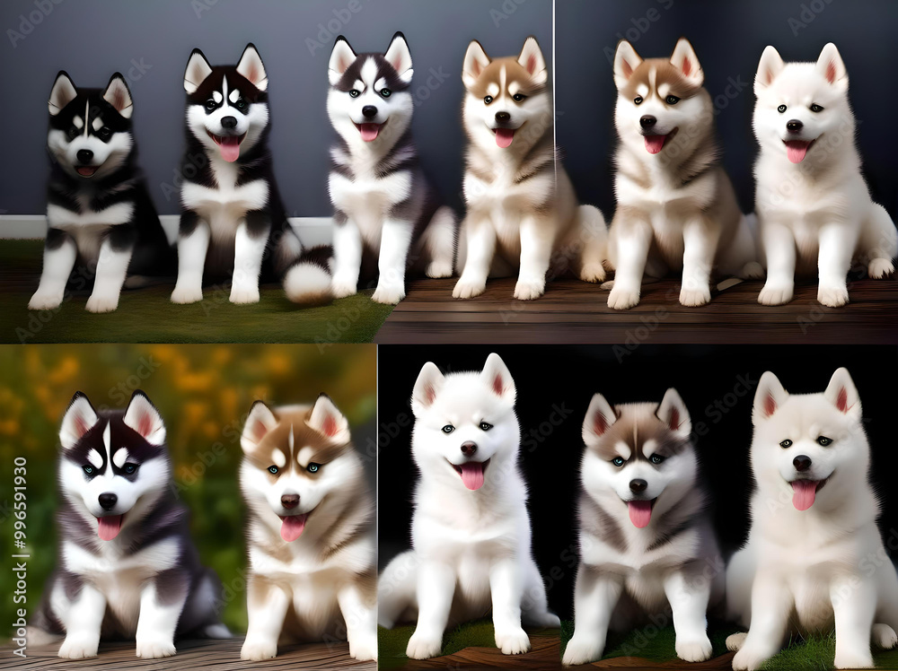 Three Siberian Huskies seated in vibrant leaves, displaying their unique markings and the beauty of nature around them. generated ai Three Siberian Huskies seated in vibrant leaves, displaying their unique markings and the beauty of nature around them. generated ai