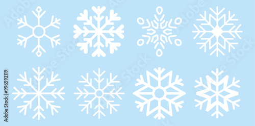 Cute snowflakes collection isolated on blue background. Flat snow icons, silhouette.