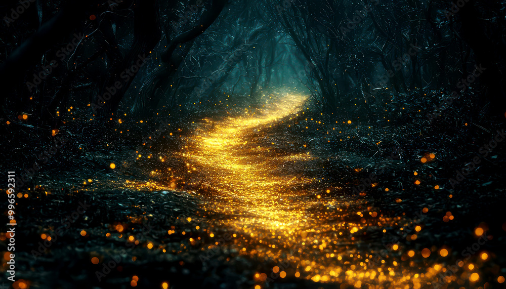 Fototapeta premium Magical forest path with glowing dust and sunlight.