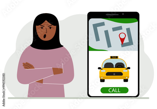 A woman next to a large smartphone on the screen which has a taxi and geolocation. The concept of a mobile taxi application or ordering a taxi online. Vector flat illustration