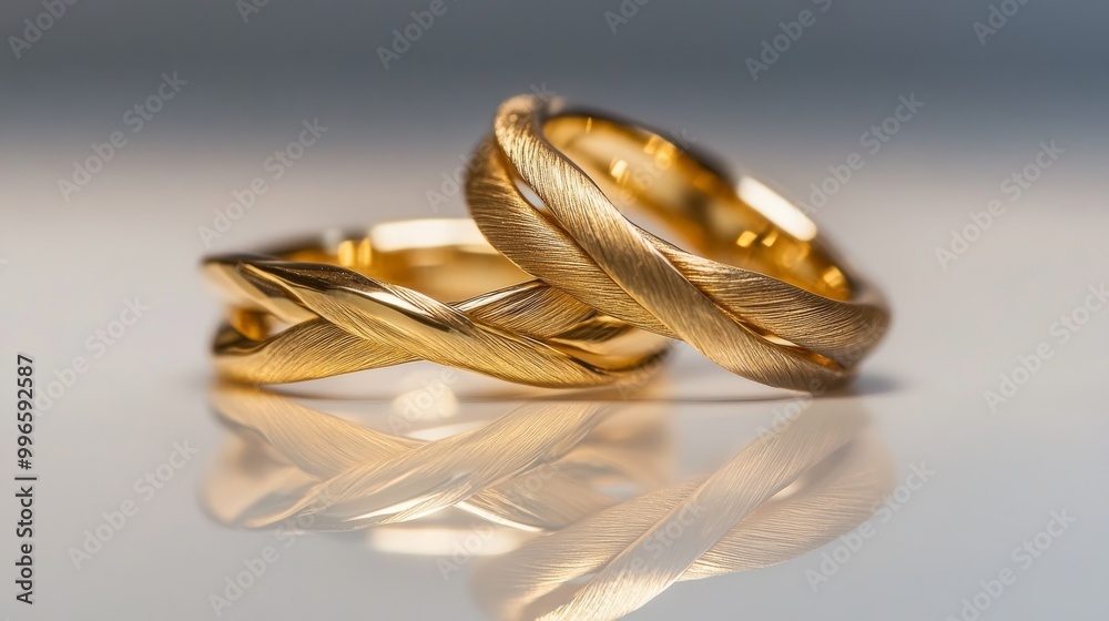Gold Wedding Rings Intertwined On White Background
