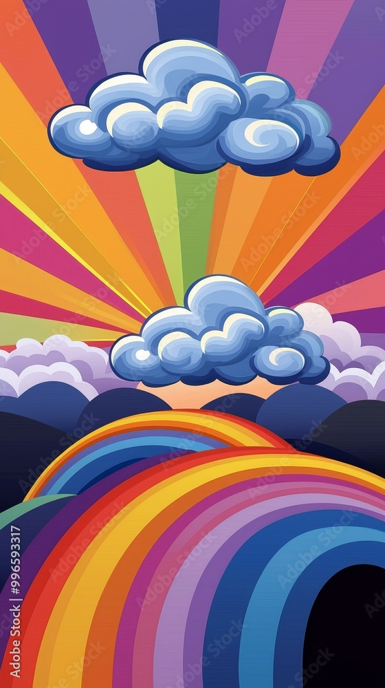 Fototapeta premium Colorful rainbow with clouds and vibrant rays of sunshine in a whimsical style.