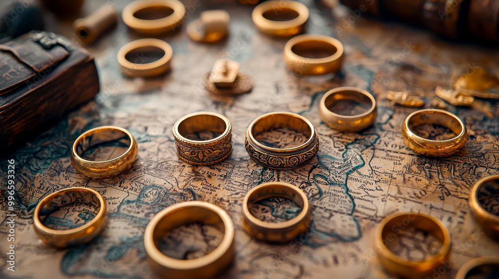 Gold rings scattered on a map, representing a treasure hunt across continents, gold rings on map, adventure and discovery Gold rings scattered on a map, representing a treasure hunt across continents, gold rings on map, adventure and discovery