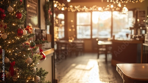 An empty scene featuring (a delightful holiday-themed coffee shop decorated for the season), creating an ideal product mockup space, 