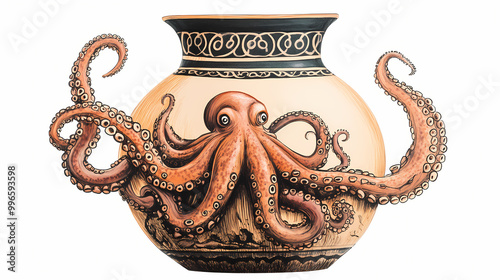 Sketchmarker illustration of kamares vase with octopus isolated on white background,. Minoan Civilization. Illustration photo