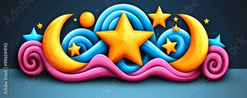 Colorful whimsical design with stars, moons, and swirling shapes on a dark background.