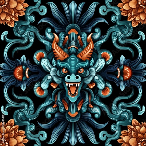 Intricate dragon art, featuring detailed floral patterns and vibrant colors on a dark background.