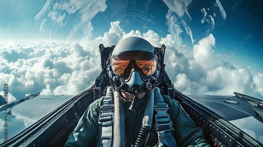 Fototapeta premium 1. A fighter pilot in a cockpit, focused and ready for takeoff, surrounded by clouds