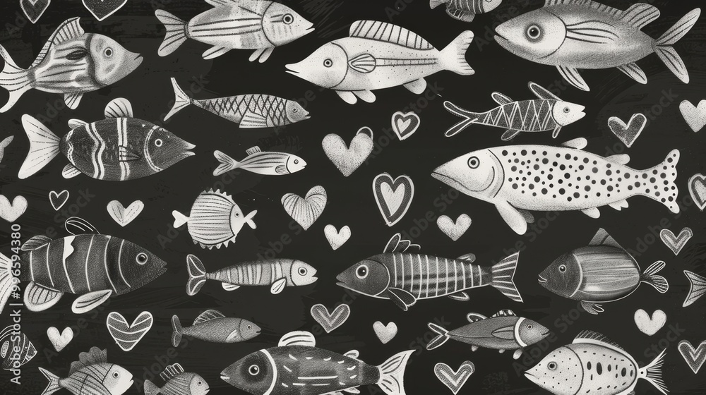 Fishes and hearts drawn in chalk on a black background
