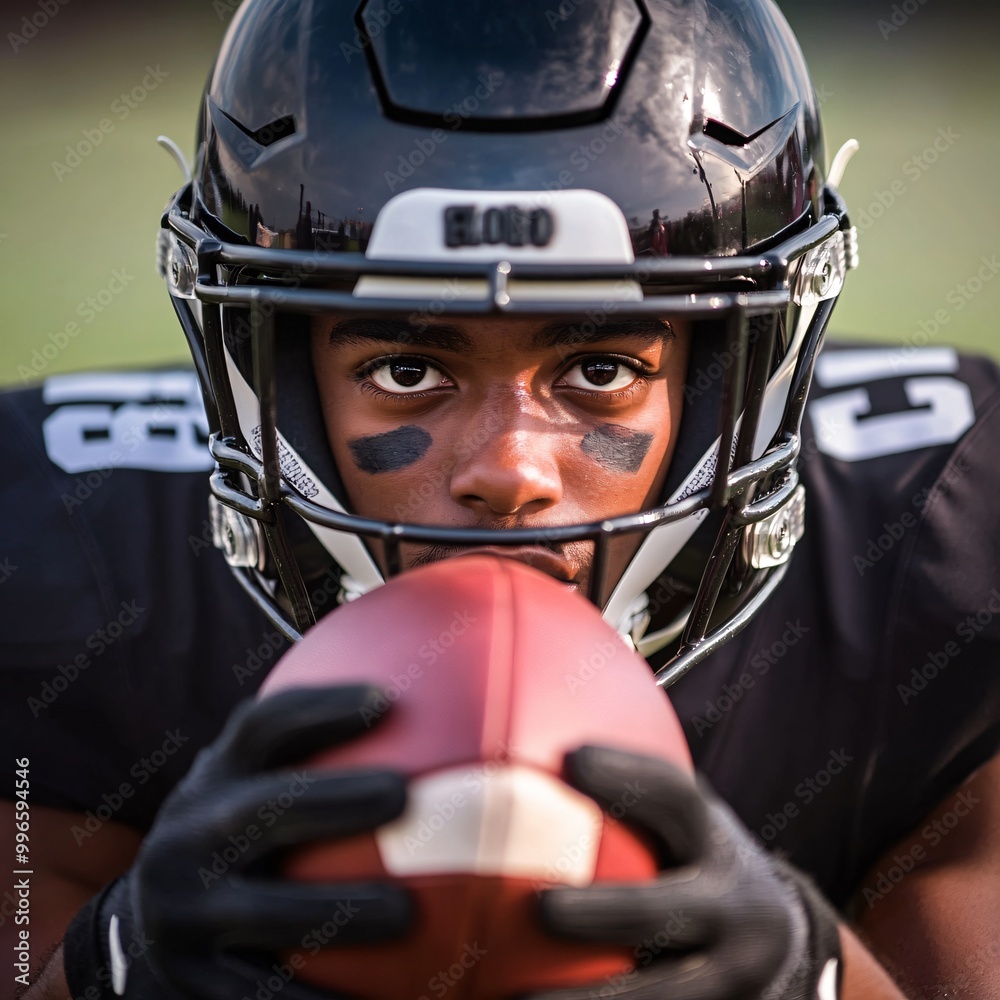 Intense Football Player Gripping Ball Tightly in Pre-Snap Moment with Field Background Blur - Sports Tension and Focus Concept Intense Football Player Gripping Ball Tightly in Pre-Snap Moment with Field Background Blur - Sports Tension and Focus Concept