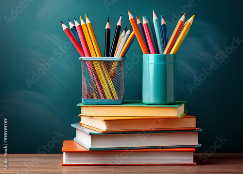 stack of books with two cups of pencils on top