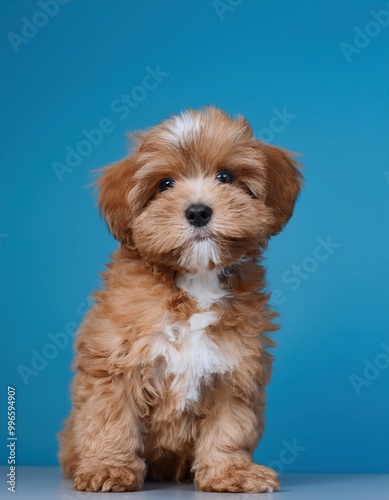 An adorable fluffy brown and white puppy with a curious expression sits against a vibrant blue background, capturing a playful and endearing moment.