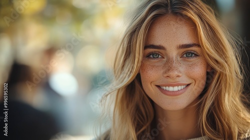 Portrait of a smiling woman with freckles and blonde hair