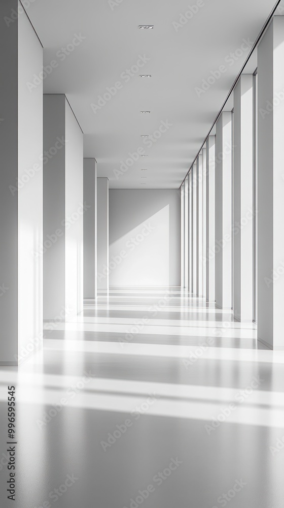 Obraz premium Empty White Corridor with Light Streaming Through Windows