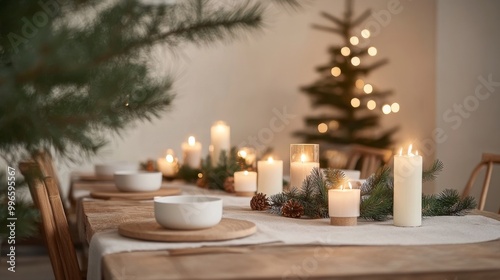 An empty scene featuring (a festive dining table set with holiday decor and candles), creating an ideal product mockup space, with ample copy space for text, captured in soft, natural light