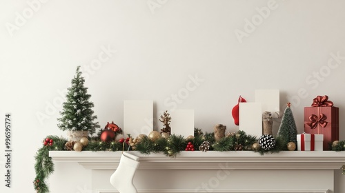 An empty scene featuring (a festive display of Christmas cards and holiday decor on a mantel), creating an ideal product mockup space, 