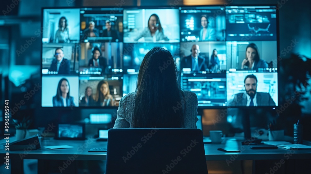 Modern Virtual Meeting: Diverse Participants on Conference Call Screen in Stylish Meeting Room Modern Virtual Meeting: Diverse Participants on Conference Call Screen in Stylish Meeting Room