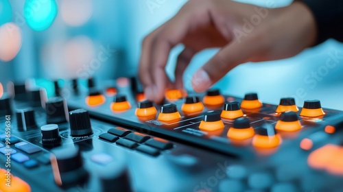 Hands operating a wired drum machine, focus on control pads photo