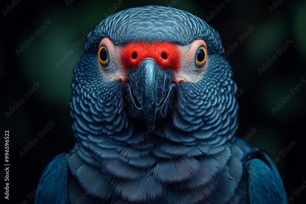 Fototapeta premium Close Up Portrait of a Parrot with Vibrant Blue and Gray Plumage