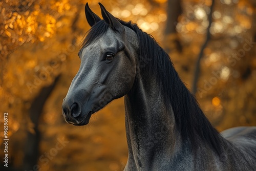 Majestic Dark Horse Amidst Vibrant Autumn Foliage in Tranquil Setting photo