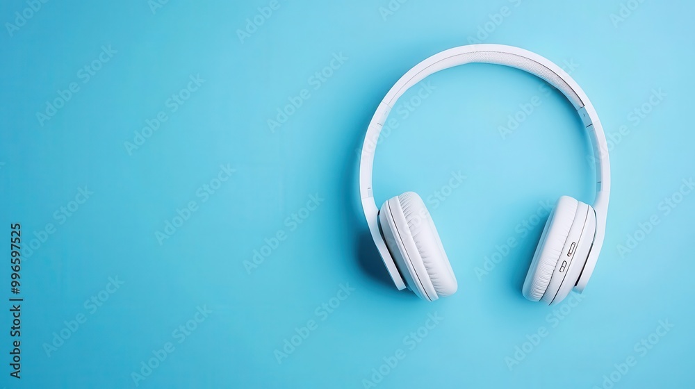 Close-up of wired headphones with music control buttons, minimal background Close-up of wired headphones with music control buttons, minimal background