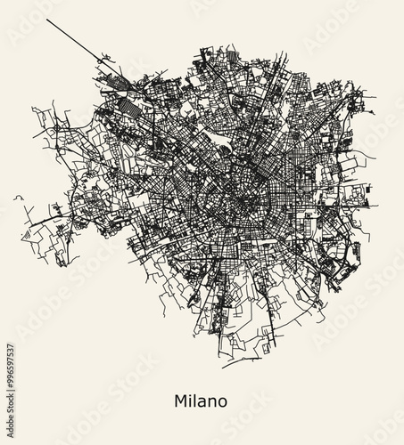 City road map of Milan, Metropolitan City of Milan, Italy