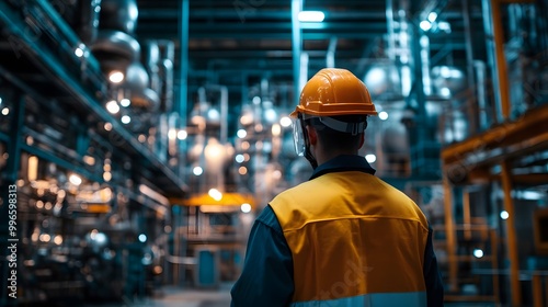 A worker in a protective helmet checking on robotic machinery in a highly advanced petrochemical plant.