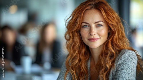 Confident Woman with Red Hair Smiling in a Cafe