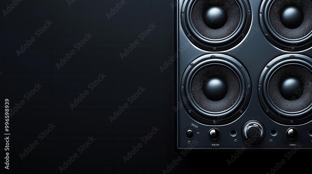 Wired speakers with control panel, bass and treble knobs highlighted Wired speakers with control panel, bass and treble knobs highlighted