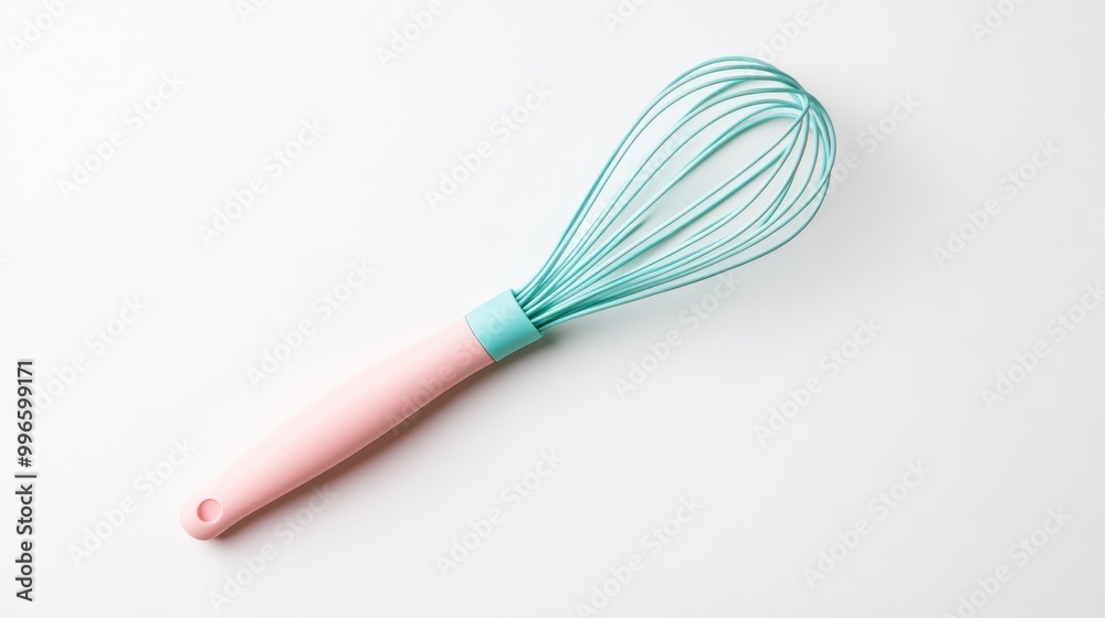 A vibrant pastel whisk with a mint green head and soft pink handle, perfect for blending ingredients in modern kitchens. A vibrant pastel whisk with a mint green head and soft pink handle, perfect for blending ingredients in modern kitchens.