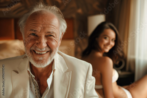 Happy old and rich businessman as a sugar daddy in a hotel room, young girl as a lover in background