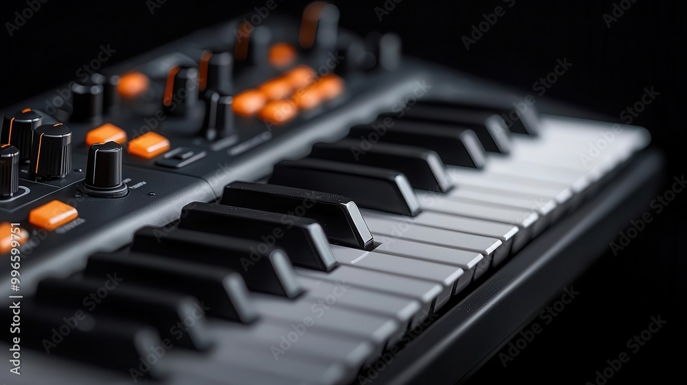 Wired keyboard synthesizer, close-up on control knobs and dials Wired keyboard synthesizer, close-up on control knobs and dials