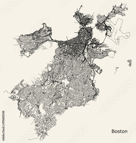 City road map of Boston, Massachusetts, USA