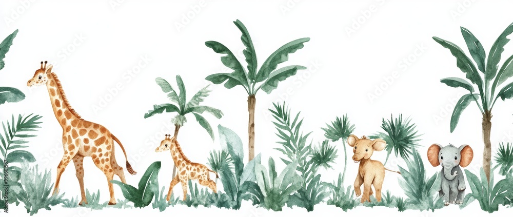 Stunning seamless tropical pattern with giraffes, elephants, zebras, and lemurs. These African animals are hand-painted in watercolor. Perfect for wallpapers and stickers. Stunning seamless tropical pattern with giraffes, elephants, zebras, and lemurs. These African animals are hand-painted in watercolor. Perfect for wallpapers and stickers.