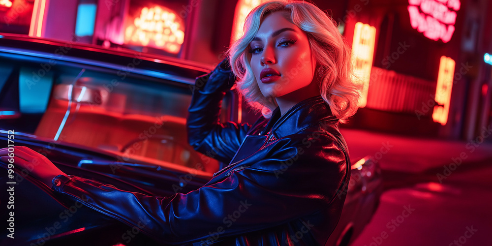 Model with Retro Waves and Leather Jacket Model with Retro Waves and Leather Jacket