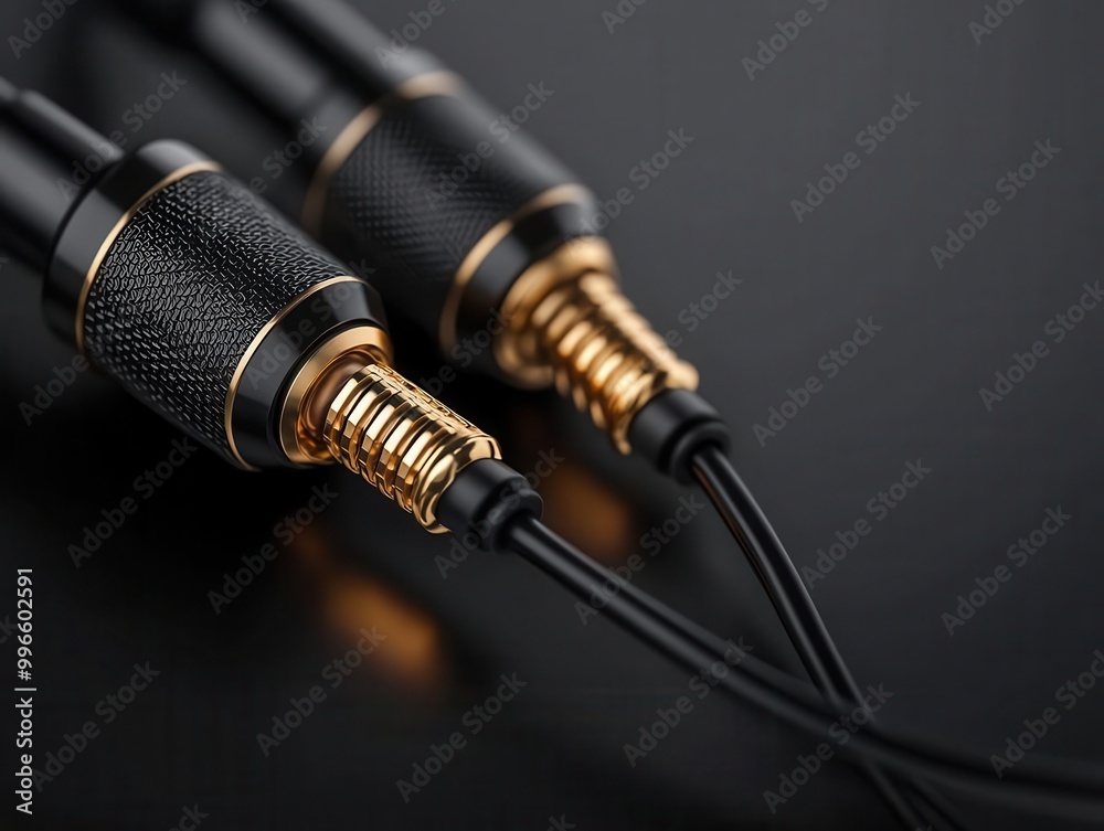 Wired in-ear monitors with a visible control box, close-up on details Wired in-ear monitors with a visible control box, close-up on details